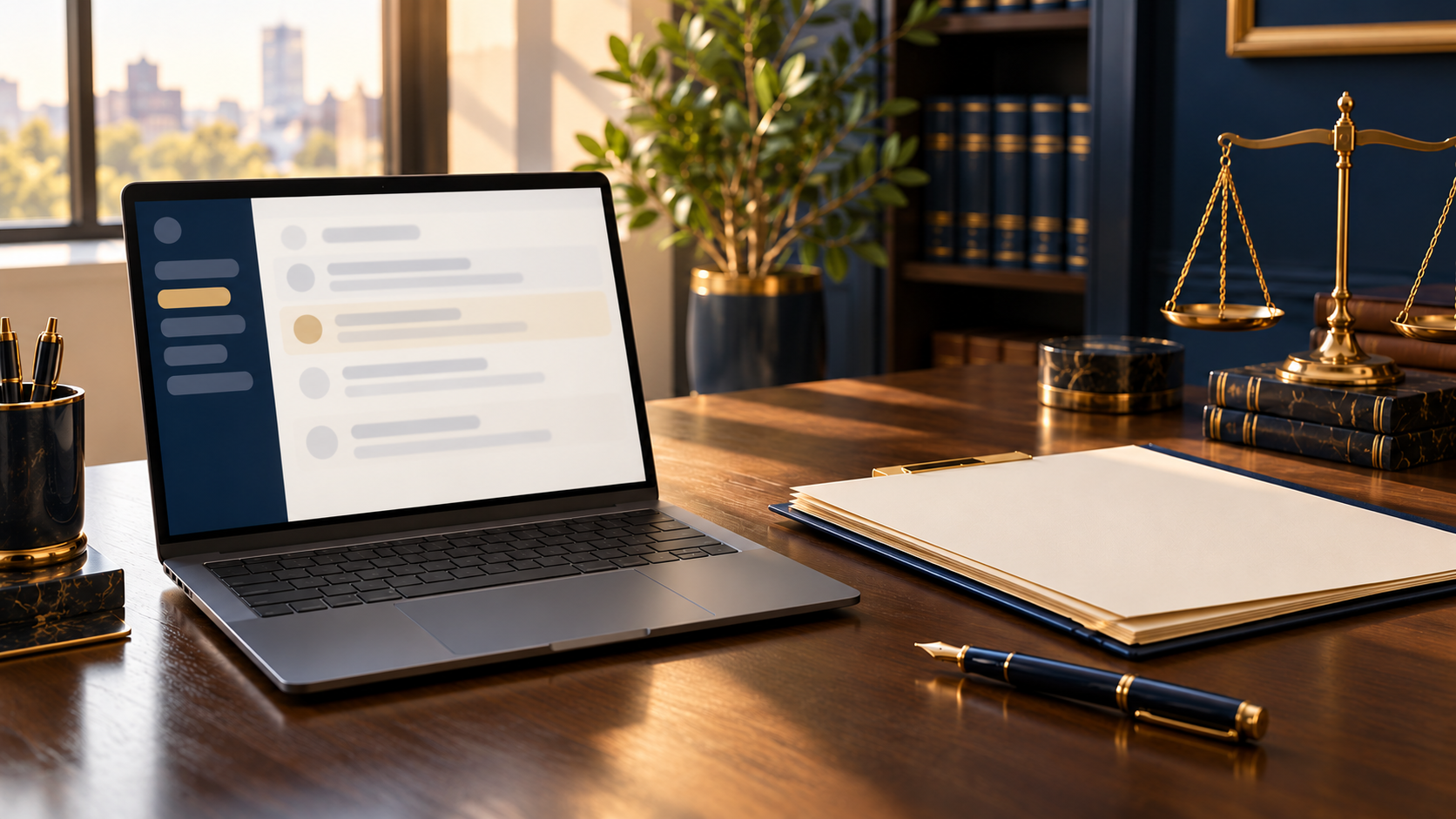 A law office desk with a laptop showing an inbox, a fountain pen, and the scales of justice
